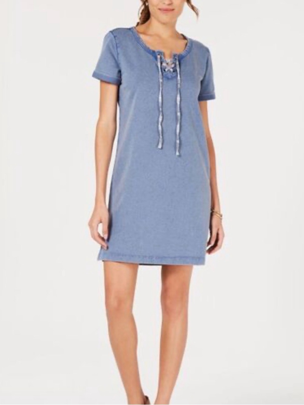 0192 Style & Co. Light Blue Lace-Up Short Sleeve Mini Dress